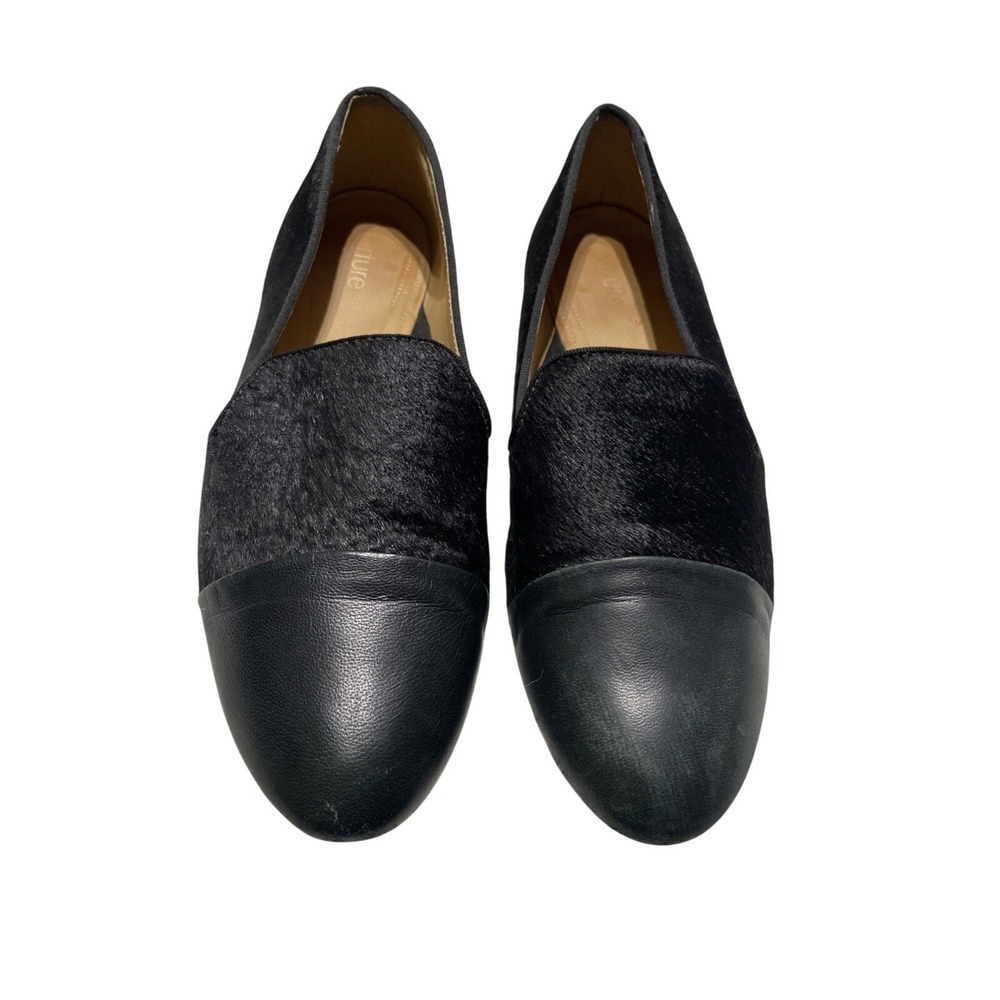Signature Womens Black Leather Calf‎ Hair Cap Toe Loafers Flats Almond Toe